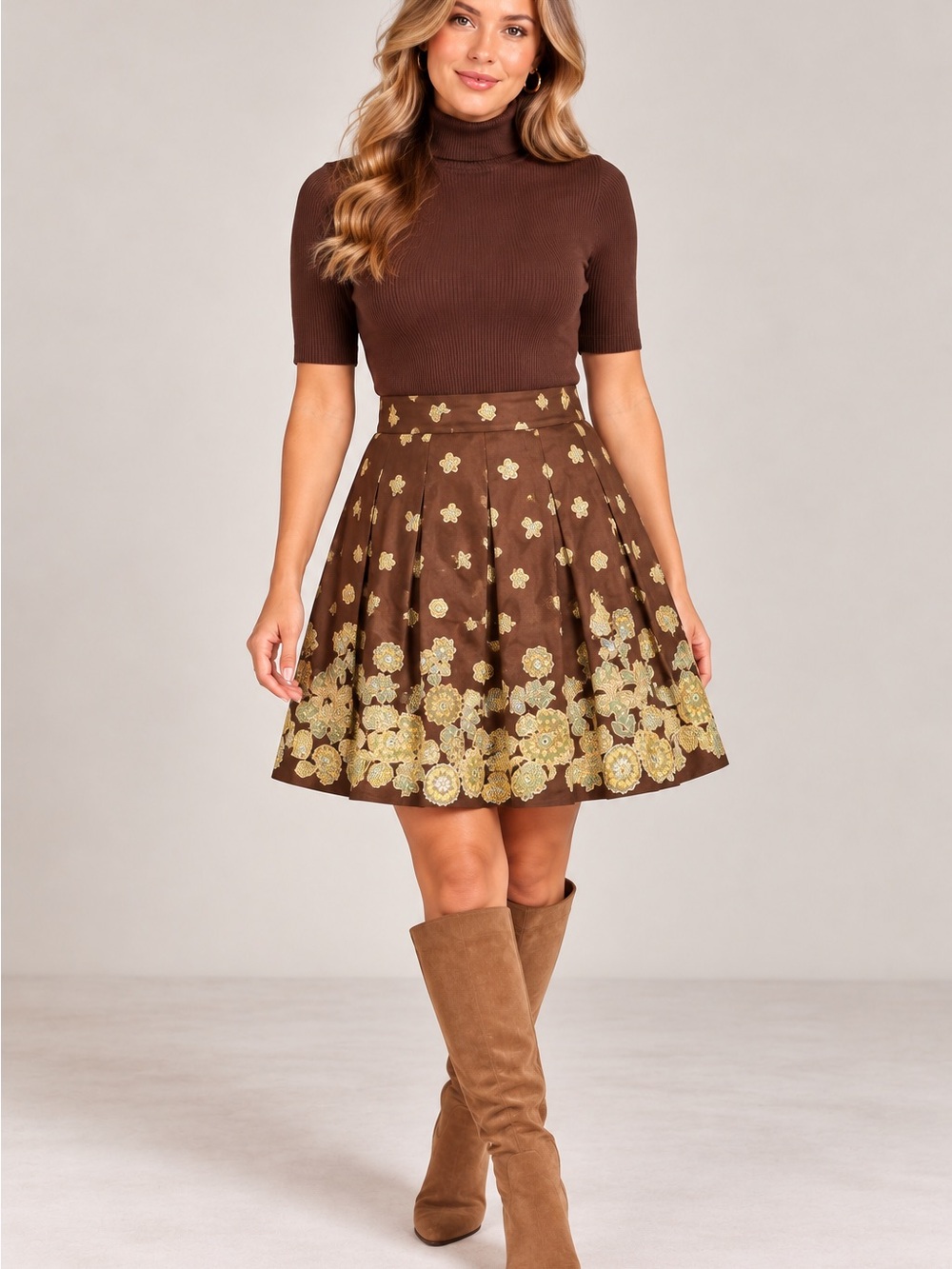 Ann Taylor Brown A-Line Skirt with Gold Floral Embroidery 100% cotton